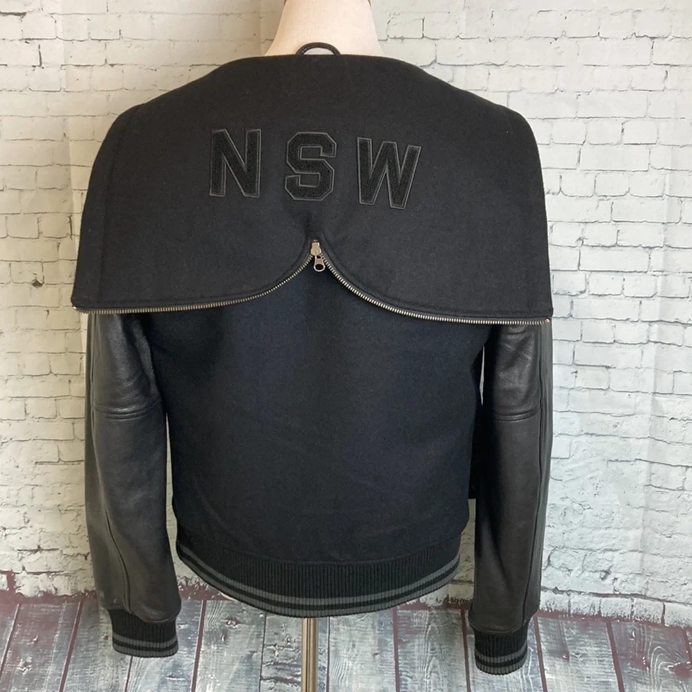 Nike NSW Black Leather Wool Hooded Destroyer Varsity Bomber Jacket S Letterman